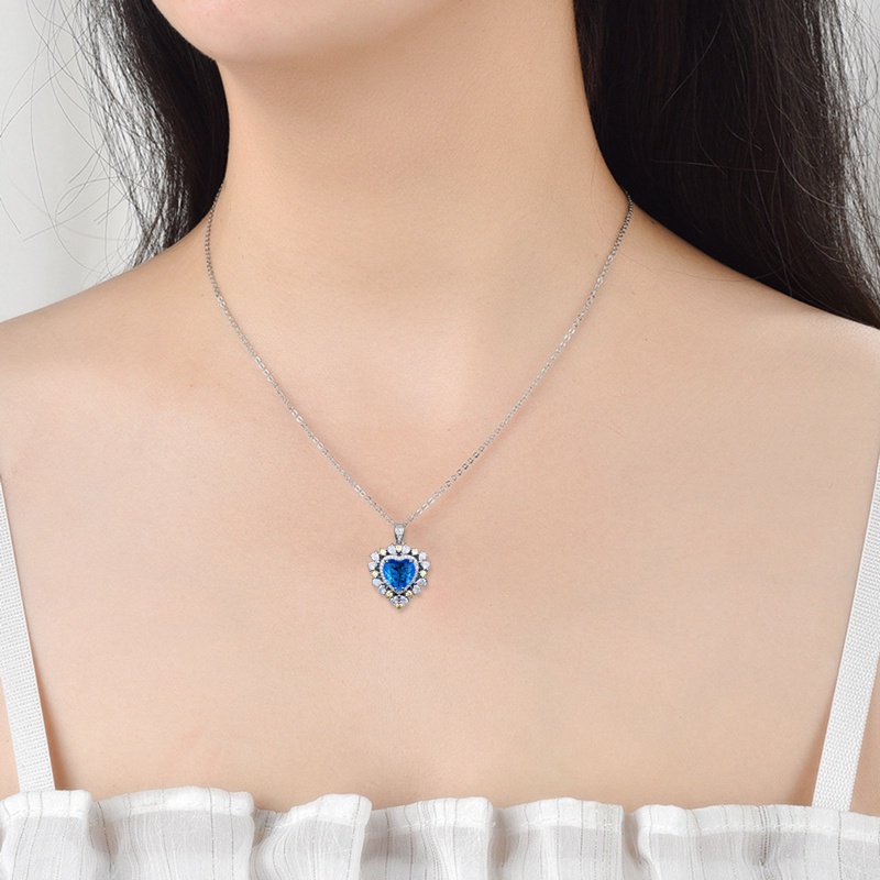 925 Sterling Silver Liontin Kalung Biru Laut Lab Topaz Liontin Kalung Dengan Rantai Wanita Choker Charms Fashion Perhiasan