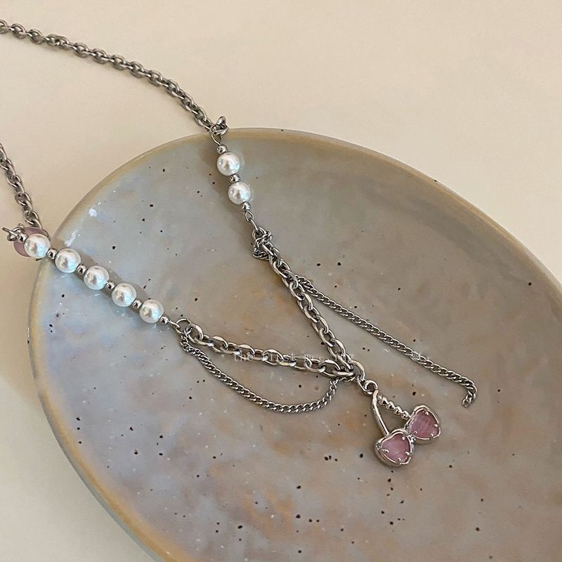 Trend Chic Mutiara Imitasi Splicing Rantai Klavikula Lucu Keren Pink Cherry Liontin Kalung Untuk Aksesoris Perhiasan Wanita