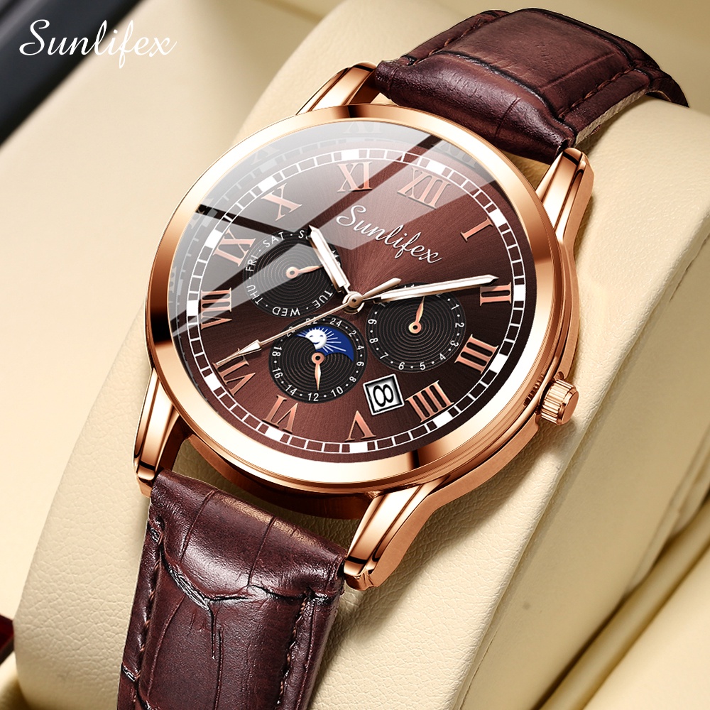 Sunlifex Jam Tangan Pria 7003 Kalender Kuarsa Santai Bisnis Tali Kulit Jam Tangan Cowok