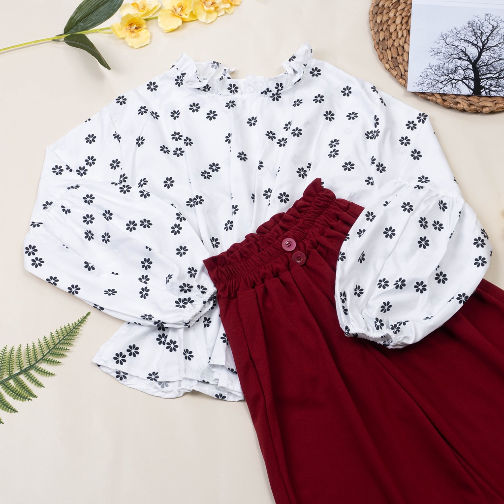 IL - SETELAN BYTHA MOTIF BUNGA TERBARU / ONE SET KULOT BUTTON 2 KANCING BAHAN CREPE PREMIUM-BYTHA PUTIH+MAROON