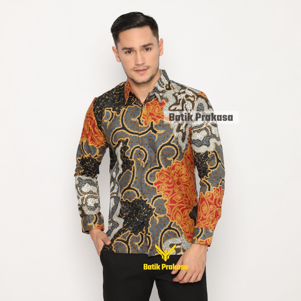 Kemeja Batik Prakasa Motif Danendra Oren Slimfit Lengan Panjang Batik Solo