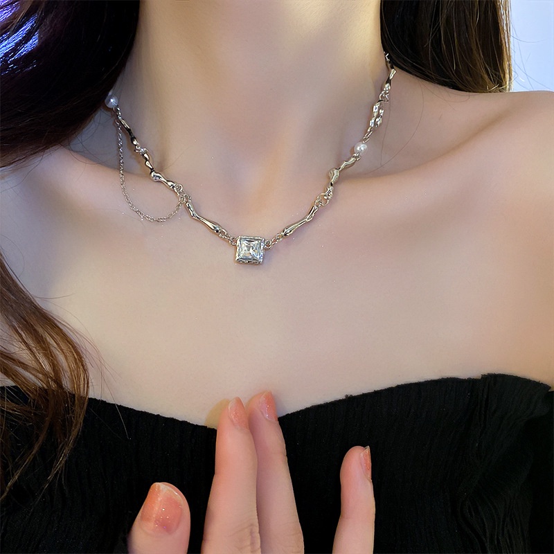 AY(CN) Kalung Persegi Mutiara Baroque Zircon Mewah Choker Rantai Klavikula Silver Untuk Aksesoris Perhiasan Wanita