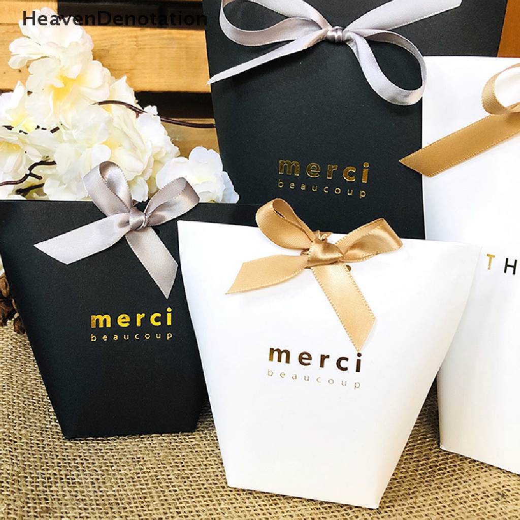 [HeavenDenotation] 5pcs Kelas Atas Hitam Putih Bronzing &quot;Merci&quot; Candy Box DIY Kotak Hadiah Nikmat Pernikahan HDV