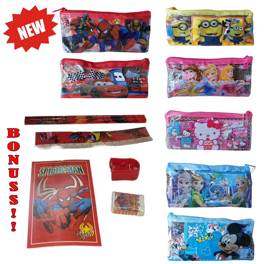 

TOKO MEDIA NEW!! Tempat Pensil Anak Bahan Plastik Karakter Gambar Kartun BONUS Alat Tulis Serutan penghapus penggaris