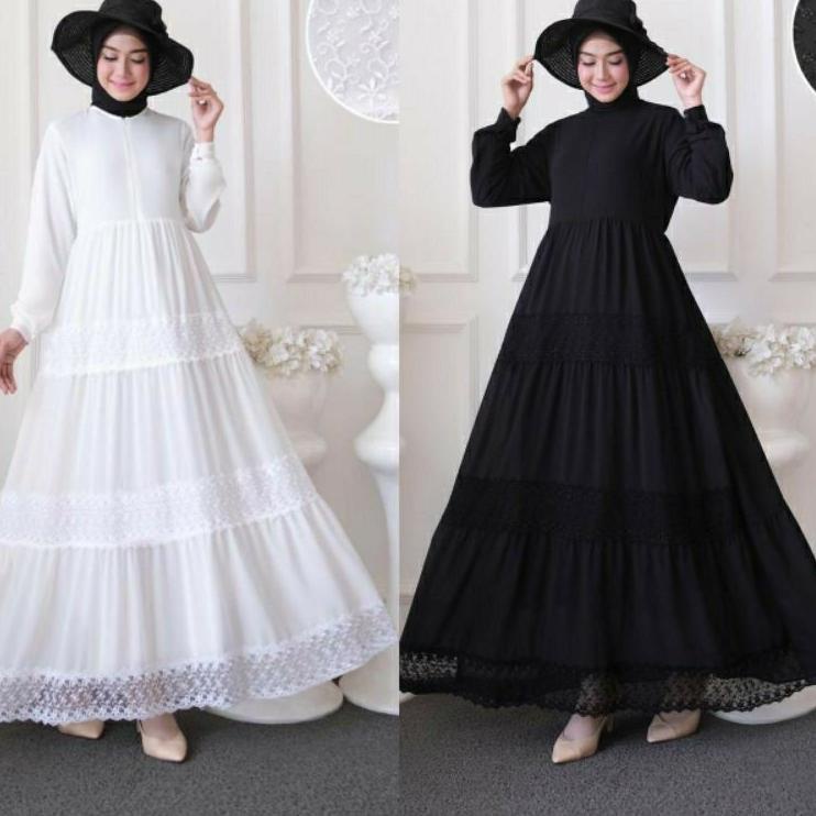 ♦ Griya Falda - Gamis Ceruty Renda Rayya Hitam Putih Polos ♥