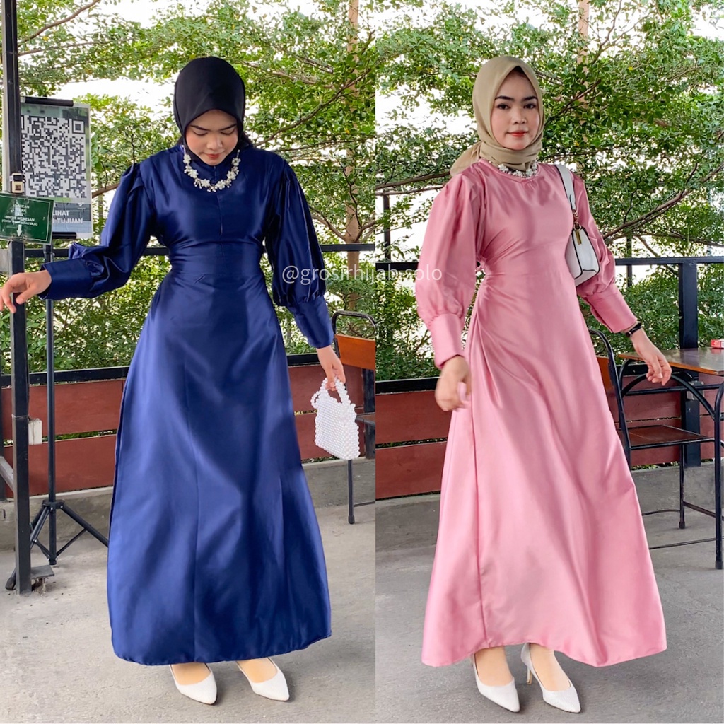 Jessica Gamis Terbaru Tali Serut Satin Silk Dress Panjang Lengan Balon Fashion Muslim Kekinian