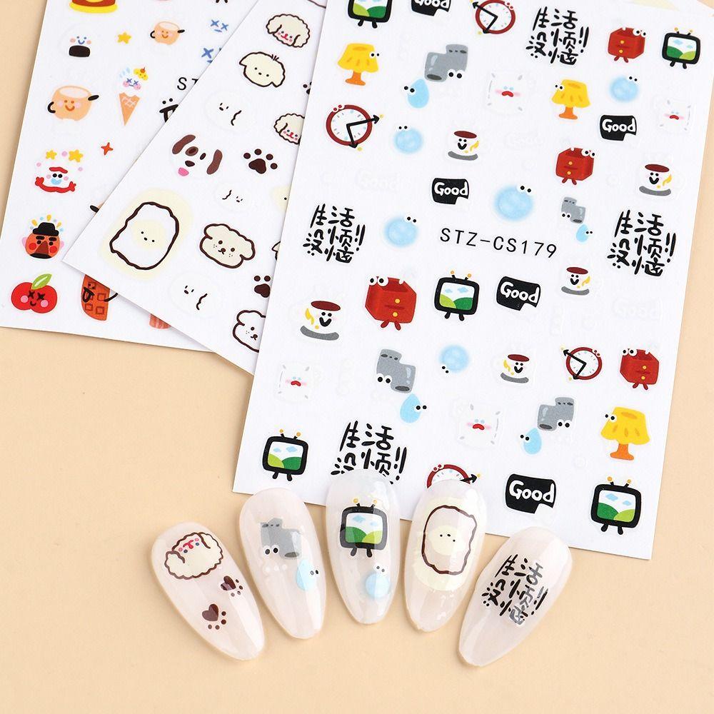 Needway   Stiker Kuku Perekat Diri Pola Warna-Warni Nail Art Decor Kartun Kucing Decal