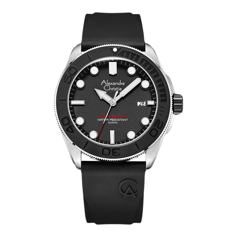 Jam Tangan Pria Alexandre Christie AC 3042 MA RTBBA Automatic Man Black Dial Black Rubber Strap