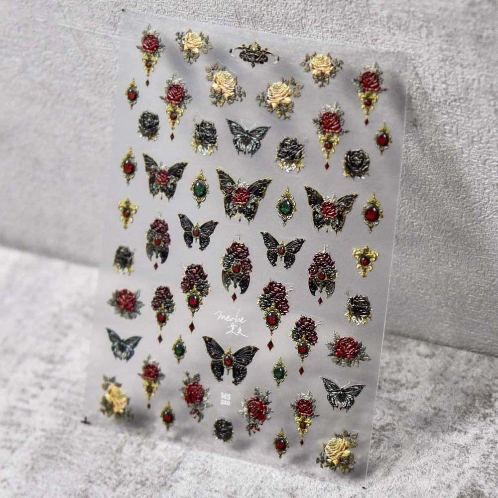 AUGUSTINA Agustina Butterfly Stiker Kuku Retro 3D Relief Kupu-Kupu Merah Self Adhesive Nail Art Dekorasi