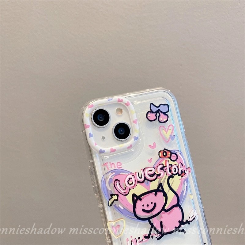 IPHONE Casing Ponsel Kucing Kartun Lucu Kompatibel Untuk Iphone7 8 6s 6 Plus11 13 12 14 Pro Max XR X XS Max SE 2020 Ins Graffiti Cinta Hati Bening Lembut Silicon TPU Airbag Shockproof Cover