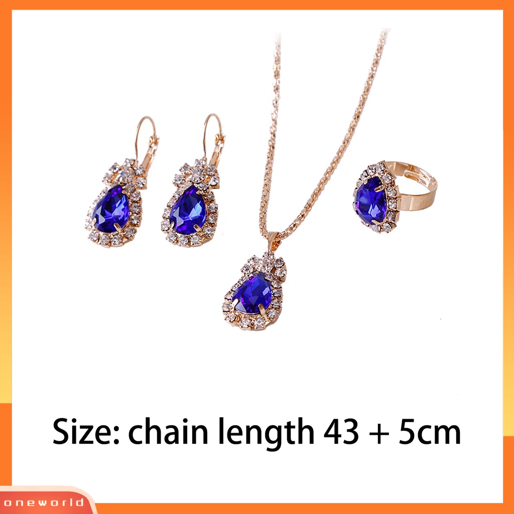 OW@ Jewelry Set Eye-catching Easy Matching Women Waterdrop Shiny Rhinestone Necklace Ring Earrings for Party