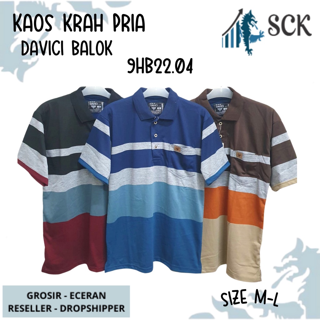 Kaos Kerah Pria DAVICI 9HB22.04 9IK22.32 Motif Salur Kombinasi Halus Original / Baju Cowok Size M-L - sckmenwear GROSIR