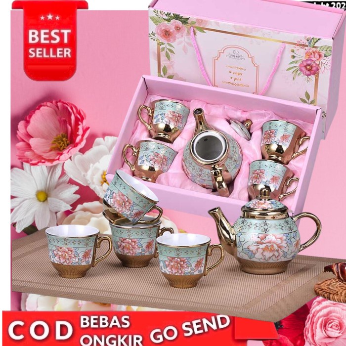 

(COD) Parcel Paket Cangkir Teko Keramik Set 4 Cangkir 1 Pot Corak Mode Eropa - Rose Gold