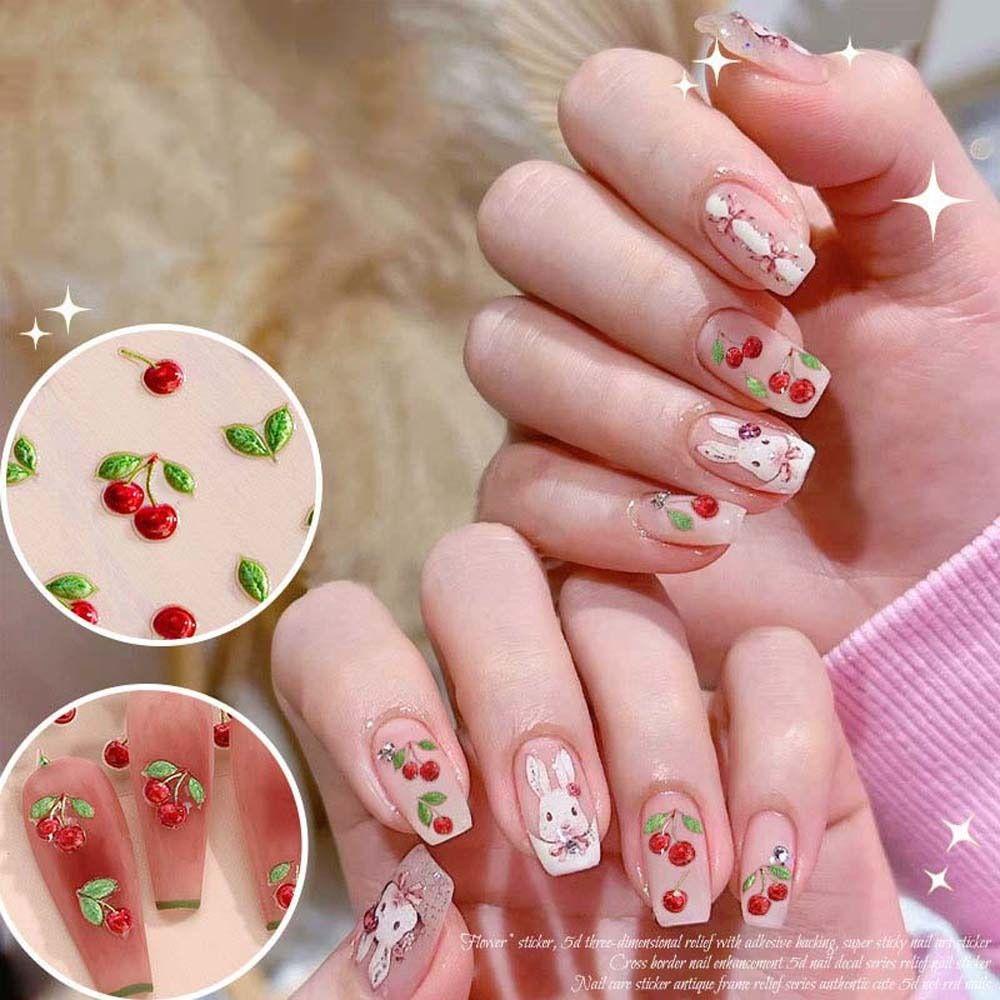 MXBEAUTY Bunga Stiker Kuku Fashion Ins Gaya Cherry 3D Relief Tulip Perekat Diri Stiker Kuku Kupu-Kupu