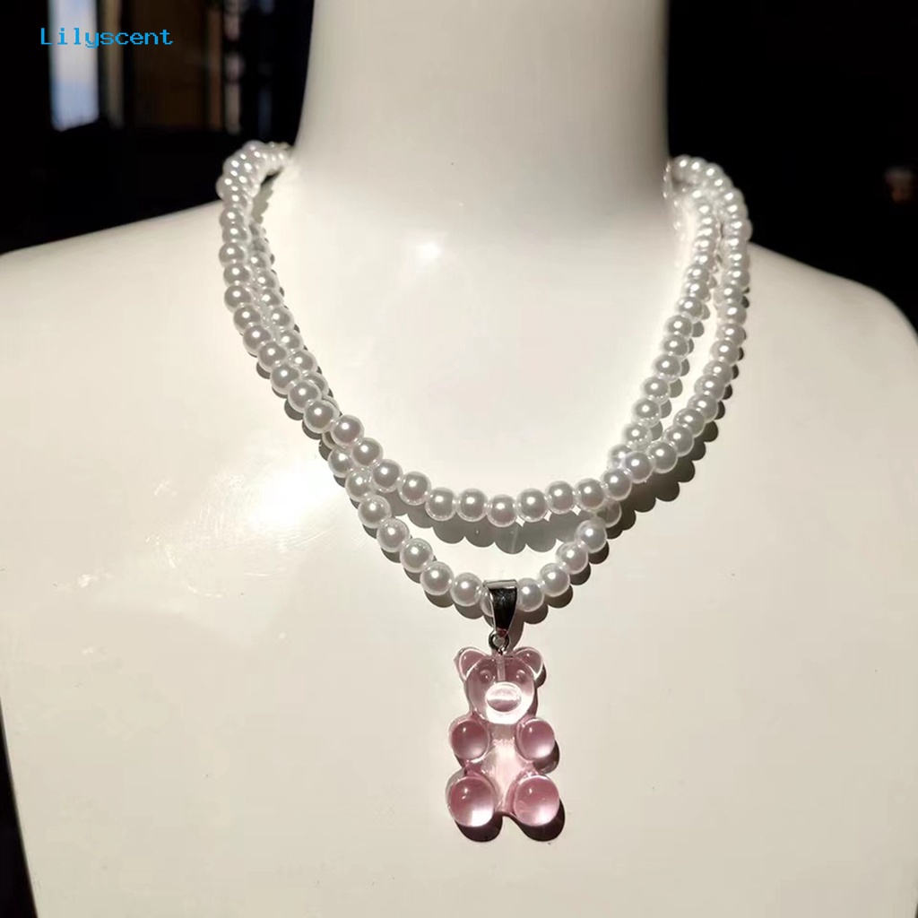 [LS] Liontin Kalung Double Layer Mutiara Imitasi Transparan High Gloss Finishing Terang Leher Dekorasi Aksesori Kreatif Permen Beruang Liontin Manik-Manik Kalung Untuk Pakaian Sehari-Hari