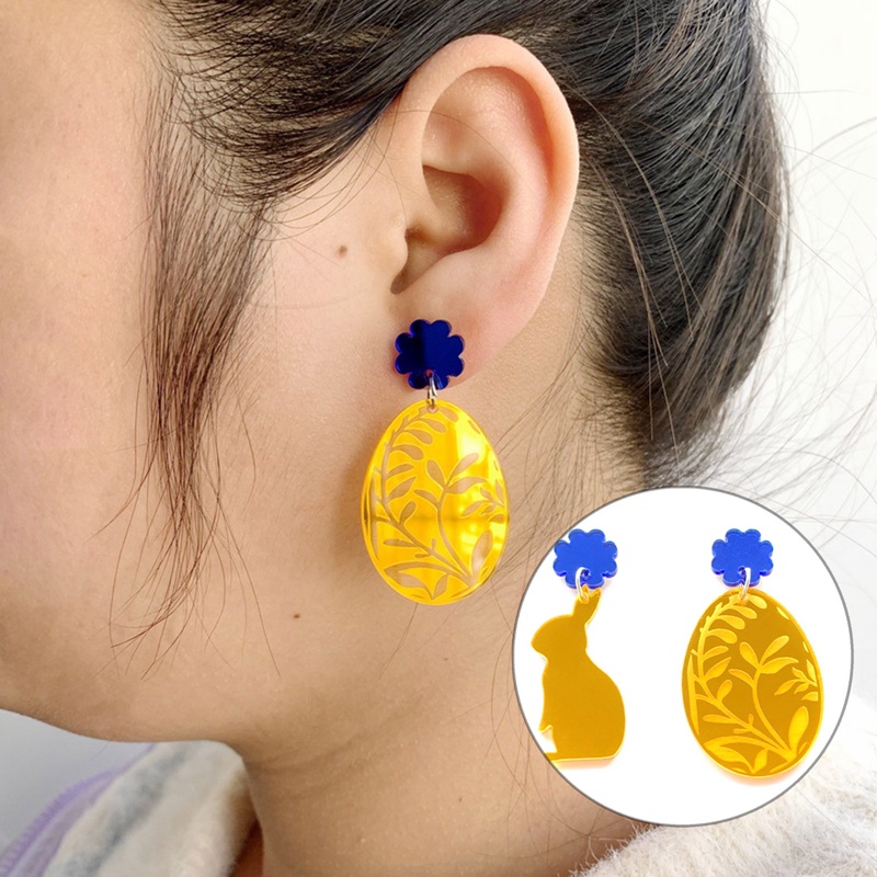 Kelinci Cermin Pink Kreatif Dengan Ukiran Laser Bunga Dan Telur Paskah Bahan Akrilik Berkilau Anting Stud Untuk Wanita