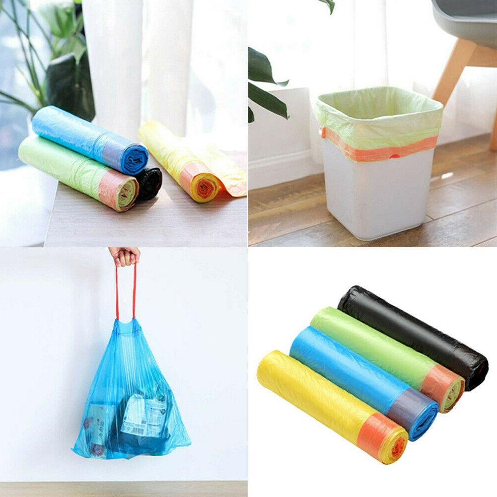 15pcs/roll Disposable Rubbish Bag Garbage Bin Liners Kitchen Toilet Waste Storage Bathroom Trash Bags with Drawstring Handle