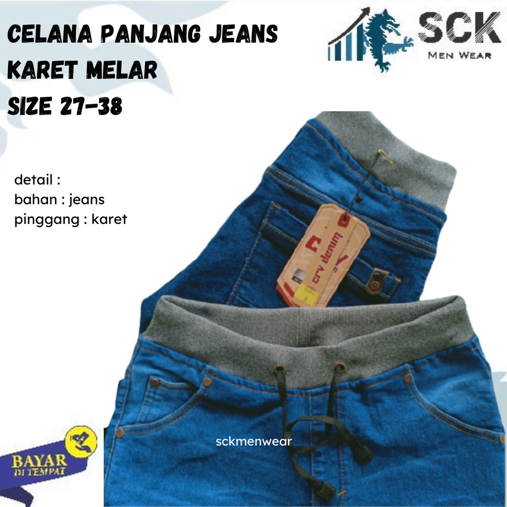 sck - Celana Panjang Pria Jeans CRV Pinggang Karet Model Standar ukuran 27-38 / Celana Santai Kolor Karet Rip Pinggang Karet 27-38 - sckmenwear GROSIR