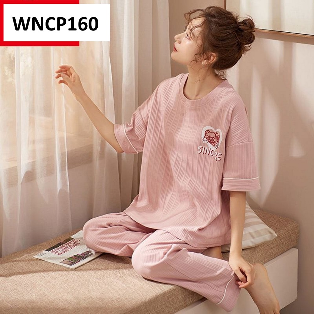 Piyama Wanita Baju Tidur Wanita Lengan Pendek Celana Panjang Knit Motif Kartun