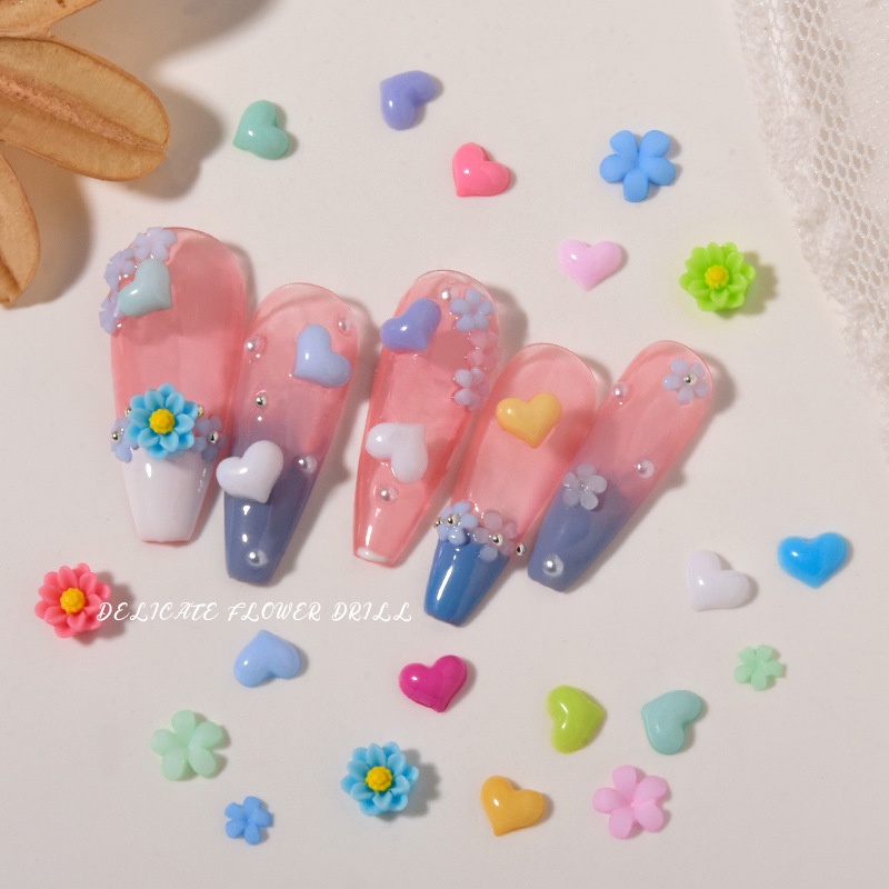 Ornamen Manik-Manik Bunga 3D Bahan Akrilik Warna Pink Biru Untuk Dekorasi Nail Art