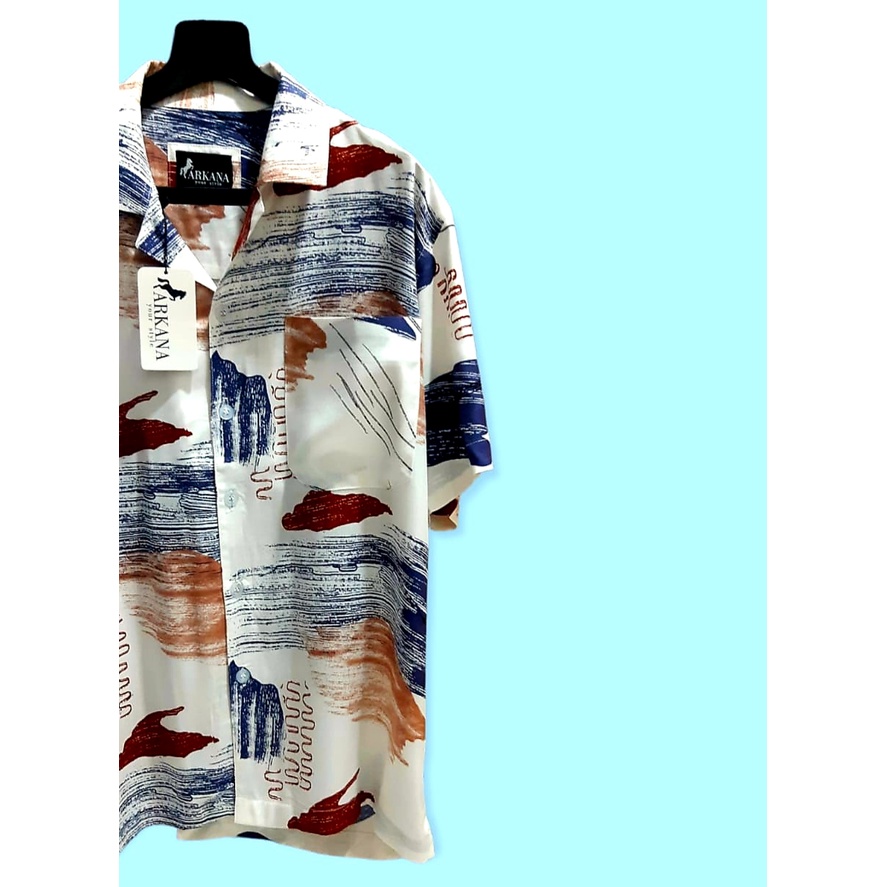 ARKANA - Kemeja Hawaii Pria Printing Bahan Katun Rayon Premium | Kemeja Pantai Pria - Putih Abstrak