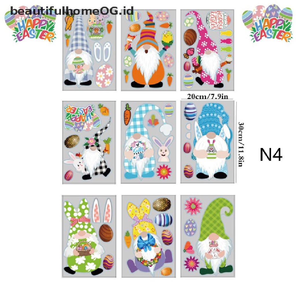 // Beautifulhomeog.id// 9Pcs Stiker Jendela Kaca Happy Easter Colorful Bunny Eggs Wall Sticker 20x30cm **