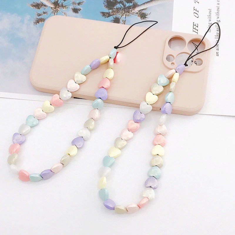 Gadis Lucu Cinta Hati Matte Rainbow Beads Rantai Strap Untuk iPhone Android OPPO VIVO Huawei Xiaomi Redmi Samsung Semua Ponsel Gelang Anti Hilang