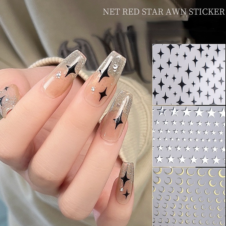 1pc Stiker Kuku Starmount Perak Sederhana Stiker Kuku Berujung Lima Modis Stiker Kuku 3D Nail Art Aplikasi Produk Dekorasi Kuku Untuk Wanita Dan Anak Perempuan