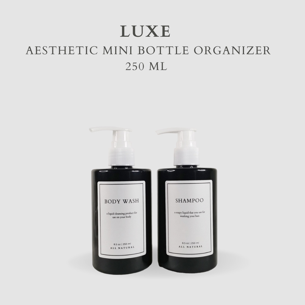 LUXE Botol MINI HITAM Label KOTAK PUTIH 250 ml Aesthetic Bottle Refill | Botol refill sabun /botol refill sabun/ botol isi ulang/botol sabun refill/botol sabun/botol pump/botol anak/bathroom organizer/bathroom amenities