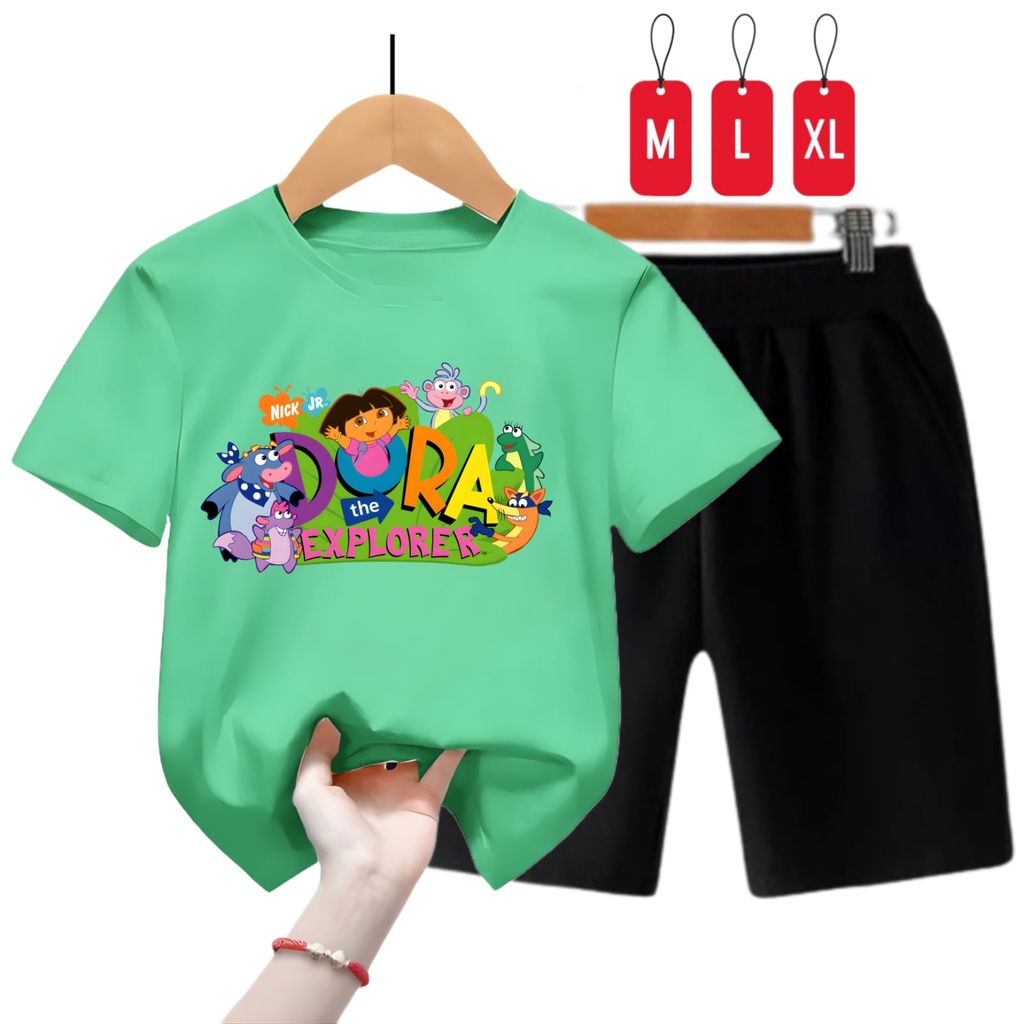 Hzl_outfit Baju Setelan Kaos Anak Perempuan Dora Explorer Usia M 3-4 tahun/ L 5-6 tahun/ XL 7-8 tahun