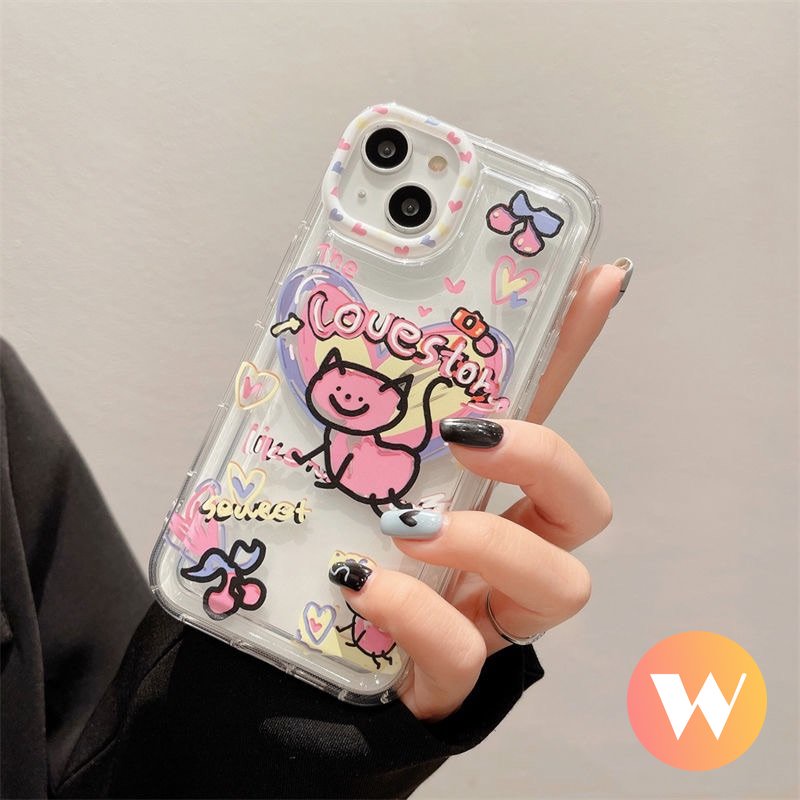 IPHONE Ins Graffiti Phone Case Kompatibel Untuk Iphone11 13 12 14 Pro Max XR X7 8 6s 6 Plus XS Max SE 2020 Lucu Kartun Cinta Hati Kucing Lembut Silicon TPU Airbag Shockproof Clear Cover