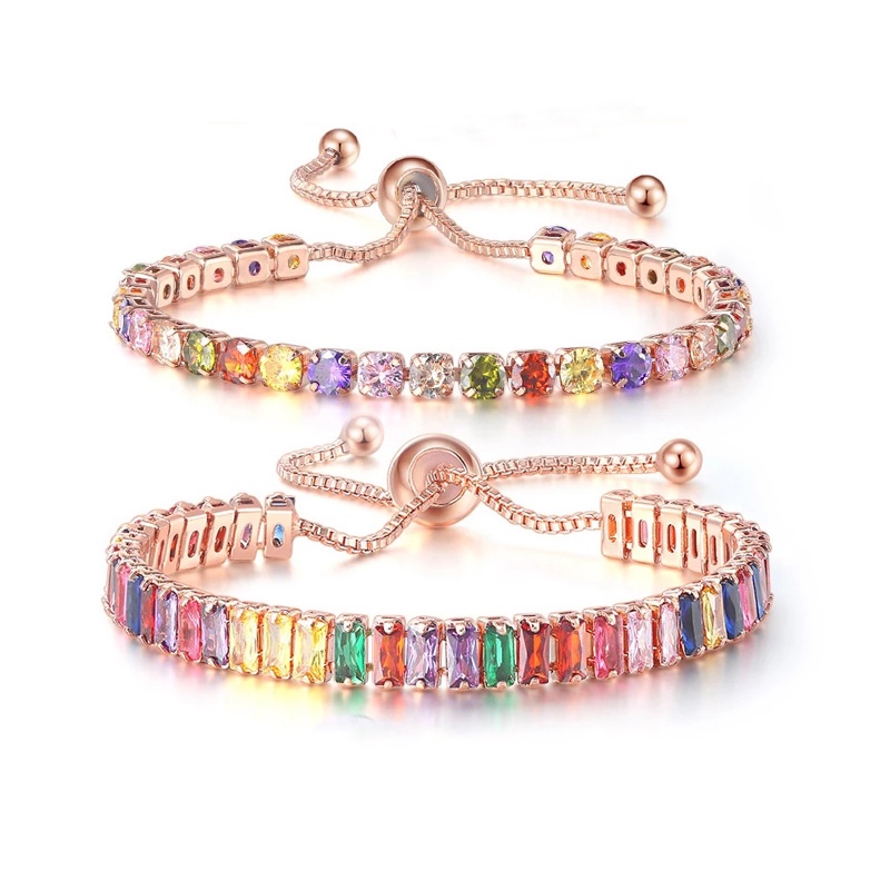 Hadiah Perhiasan Rainbow Kristal Zirkon Rantai Adjustable Bracelet Gelang Multicolor Warna-Warni Gadis Tenis Wanita