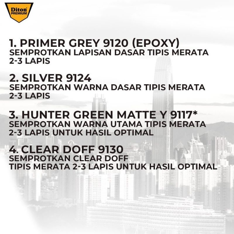 Pilok Cat Diton Premium Paket Komplit 4 Kaleng Hunter Green Matte Hijau doff dop 9117 Primer Grey 9120 Silver 9124 Clear Doff 9130 400cc Pilox Paketan Cat Semprot Special Spray Paint