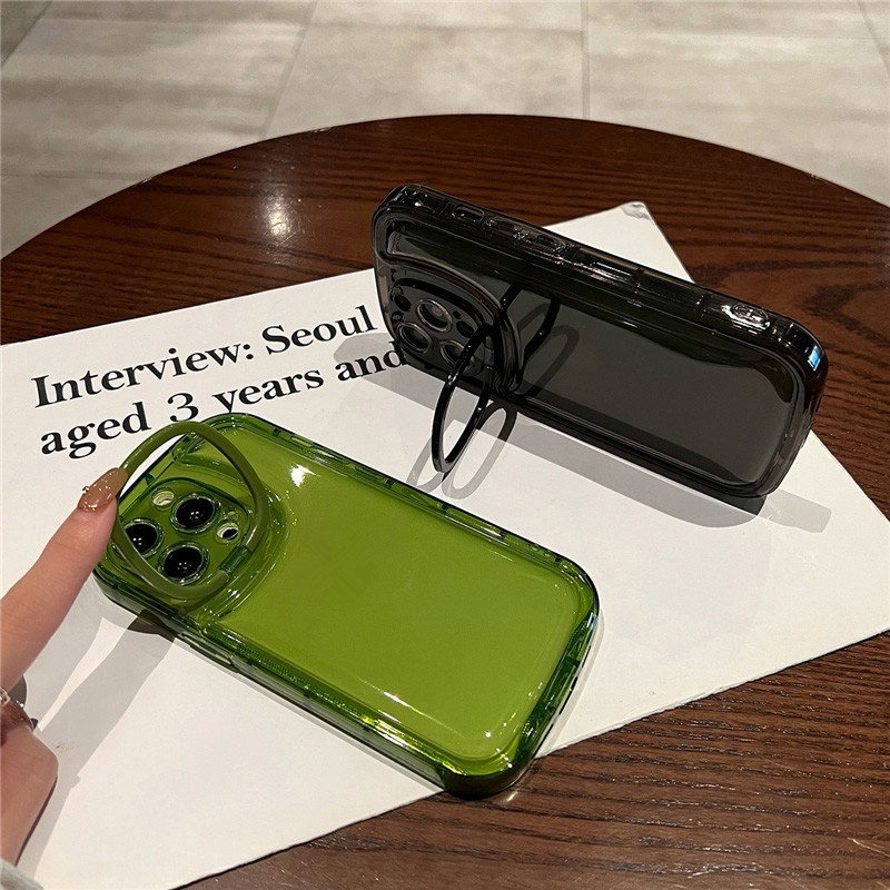 Holder Lipat Tak Terlihat Ring Stand Lensa Kamera Casing Ponsel Transparan Kompatibel Untuk iPhone 13 12 11 12Pro 13Pro Max Soft Candy Back Cover