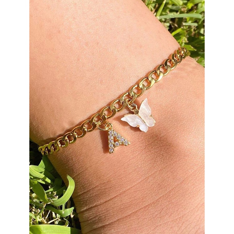 Gelang Kaki Inisial Kupu-Kupu Handmade Rantai Kuba Kupu Putih 26huruf Initial Anklets Pantai Perhiasan Kado Wanita Remaja Perempuan