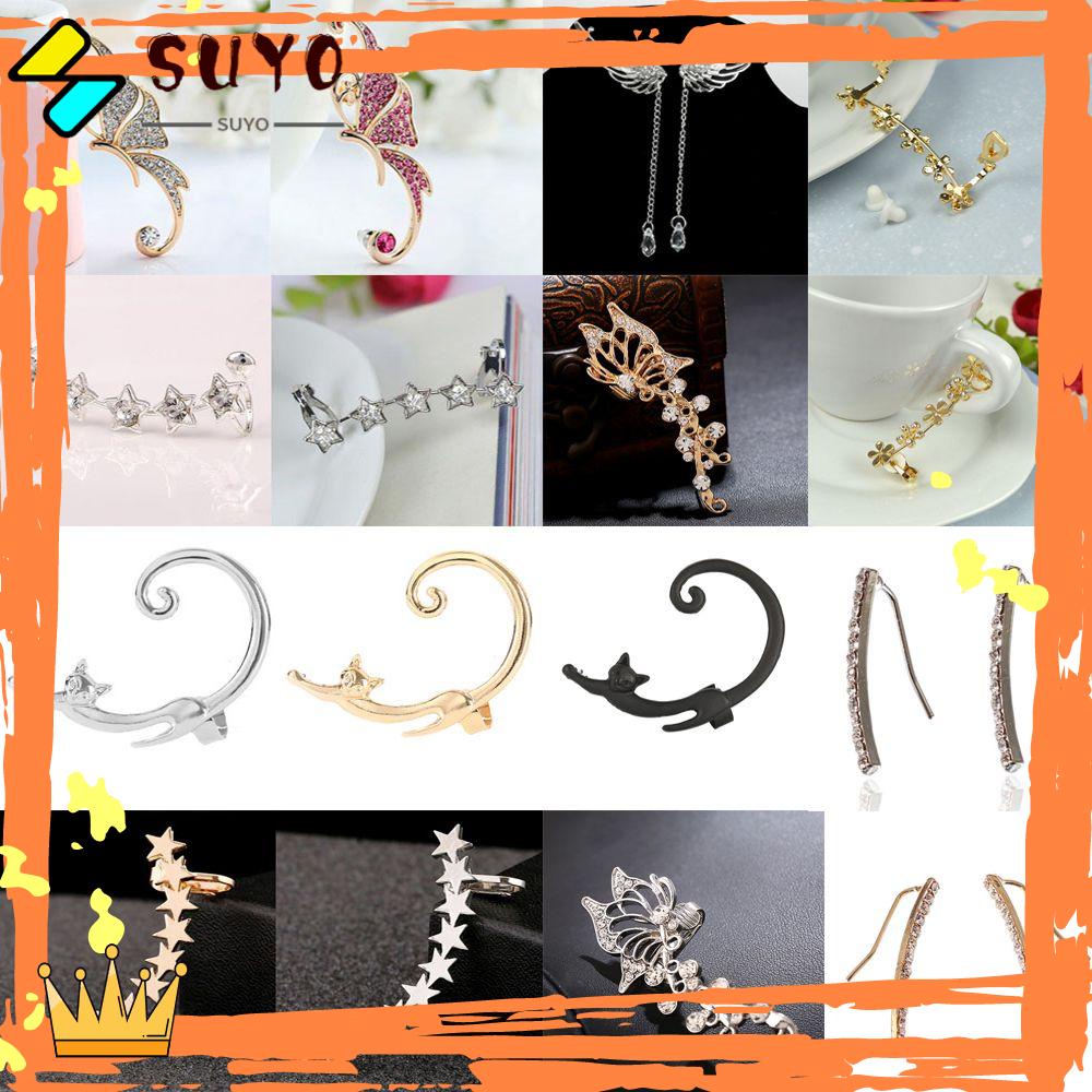 Suyo 1PC/1pasang Kupu-Kupu Klip Anting Fashion Perhiasan Wanita Gadis Punk Bungkus Tulang Rawan Bling Bling Kristal Telinga Stud