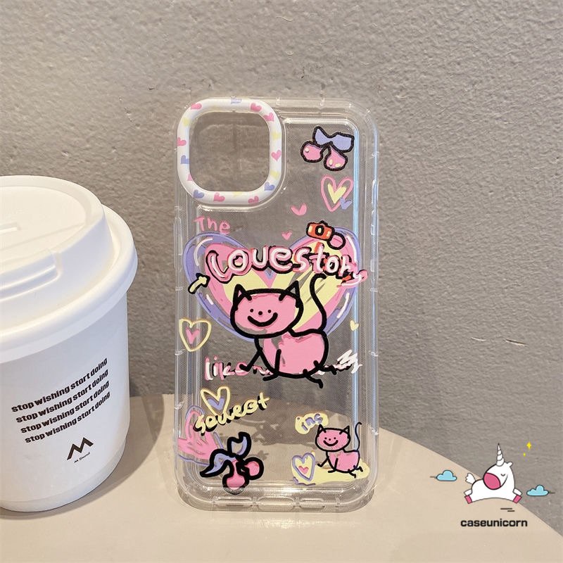 IPHONE Kompatibel Untuk Iphone11 14 13 12 Pro Max7 8 Plus XR X XS MAX 6 6S Plus Ins Lucu Kartun Graffiti Cinta Hati Kucing Airbag Shockproof Lembut Silicon TPU Back Cover