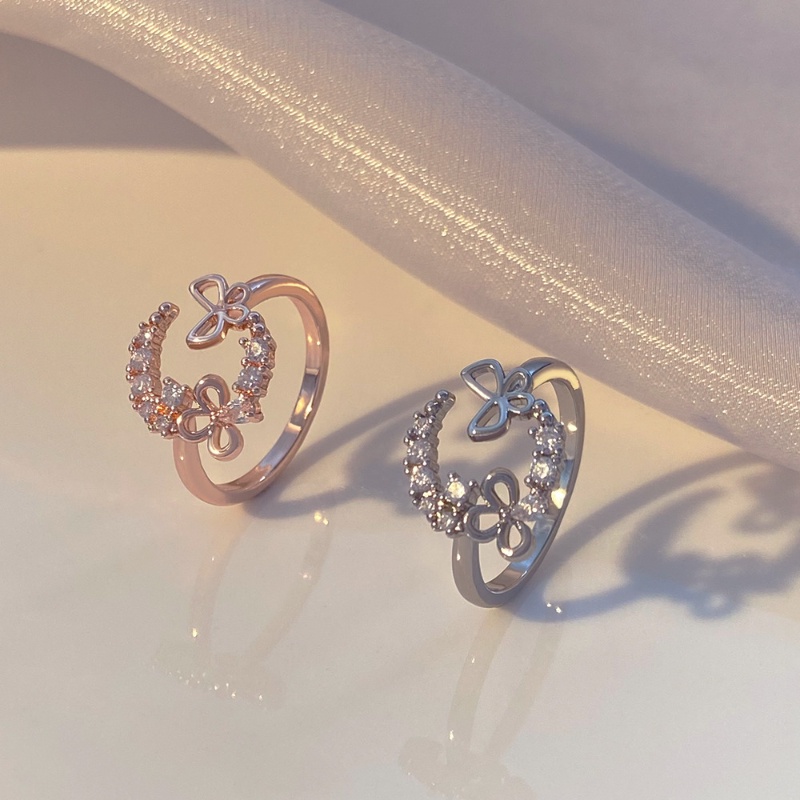 Cincin Kupu-Kupu Bulan Berlian Korea Ins Fashion Rose Gold Berongga Butterfly Adjustable Ring