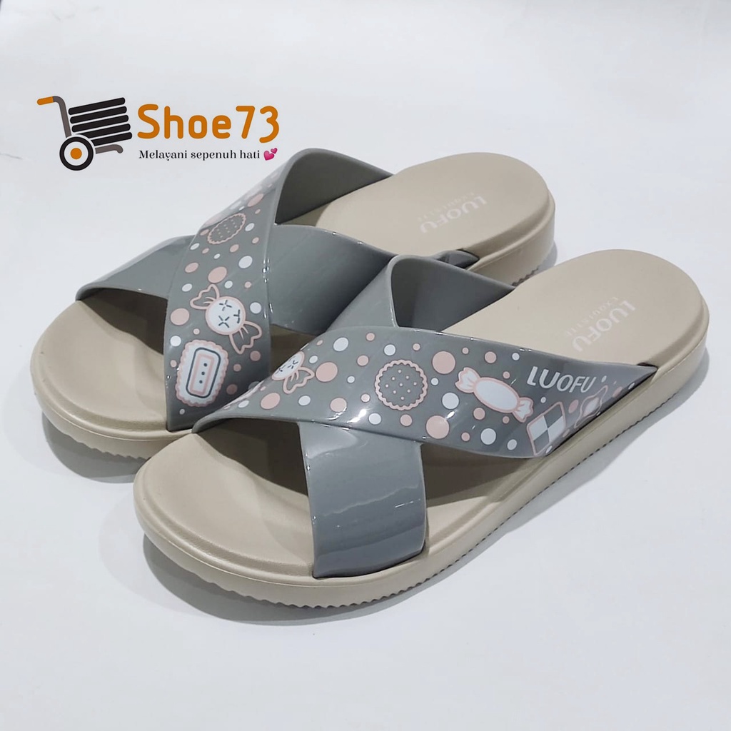 LUOFU E 7189 SM-B65 SIZE 36-40 ORIGINAL l Sandal Selop silang MOTIF jelly wanita l Sendal kokop cewek impor