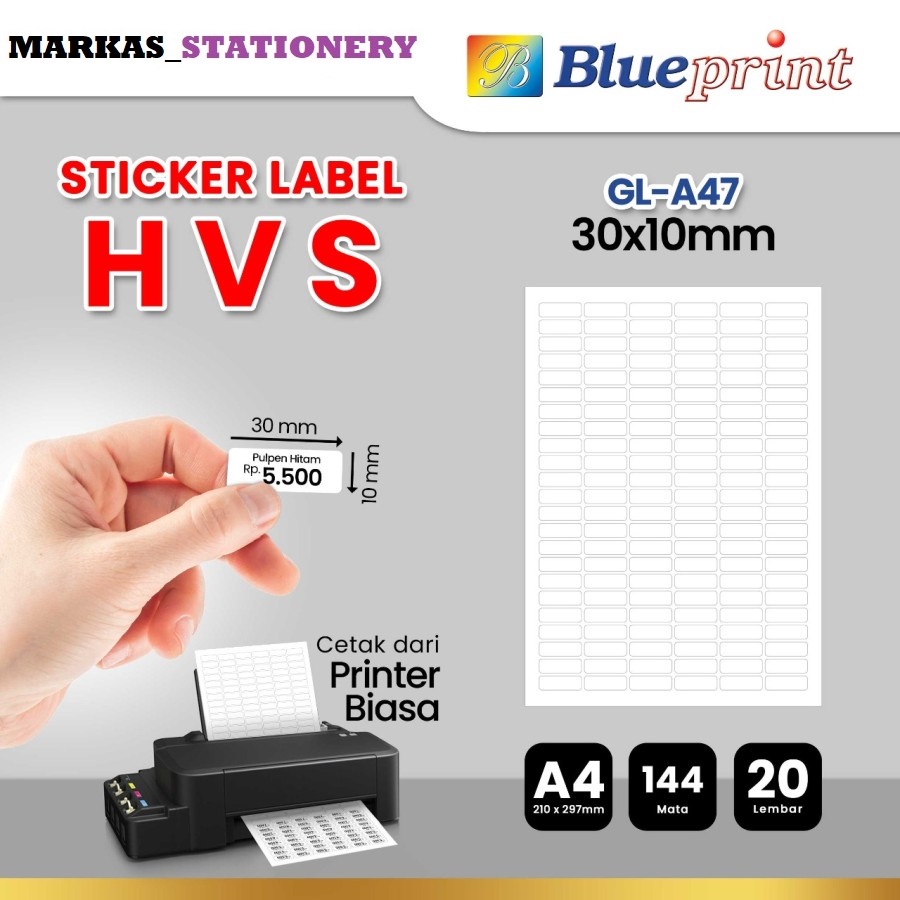 

Kertas Stiker Label HVS Doff A4 BLUEPRINT Uk 30x10 mm - 20 lembar