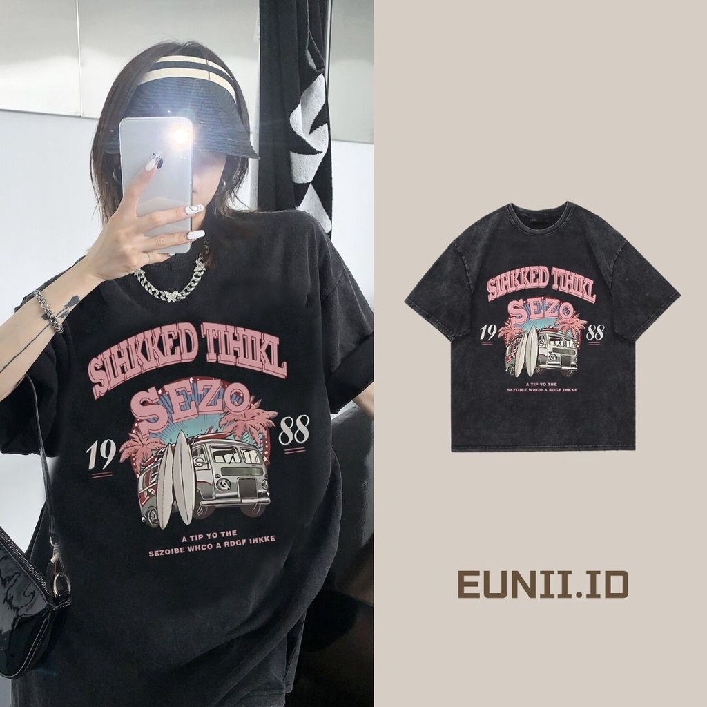 EUNII T-shirt Lengan Pendek Black Washed Retro Car Printing Korean Style/Kaos Atasan Wanita/Baju Wanita/Kaos Wanita