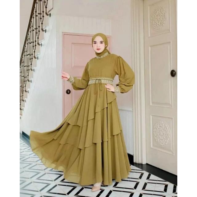 Mikayla ( FREE PASHMINA) Dress Kondangan Gamis Pesta Mewah Elegan Baju Wanita Jumbo Gamis Dewasa Ceruty Babydoll Aksen Renda