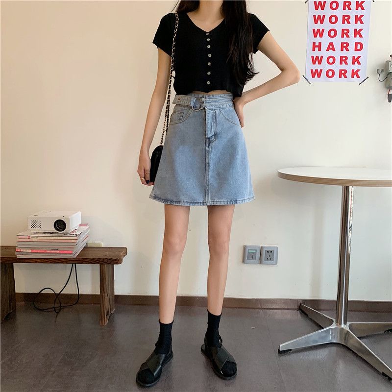 Biru Muda Rok Denim Rok Jeans Rok Pendek Fshion Wanita Pinggang Tinggi Skirt Korean Style Rok Vintage Simple