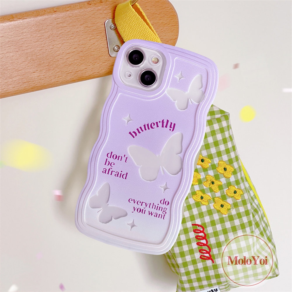 IPHONE Casing Ponsel Kompatibel Untuk Iphone11 14 13 12 Pro Max 6 6s 8 7 Plus XR X XS Max SE 2020 14 Plus Gradasi Ungu Fantastis Kupu-Kupu Tepi Bergelombang Lembut TPU Cover