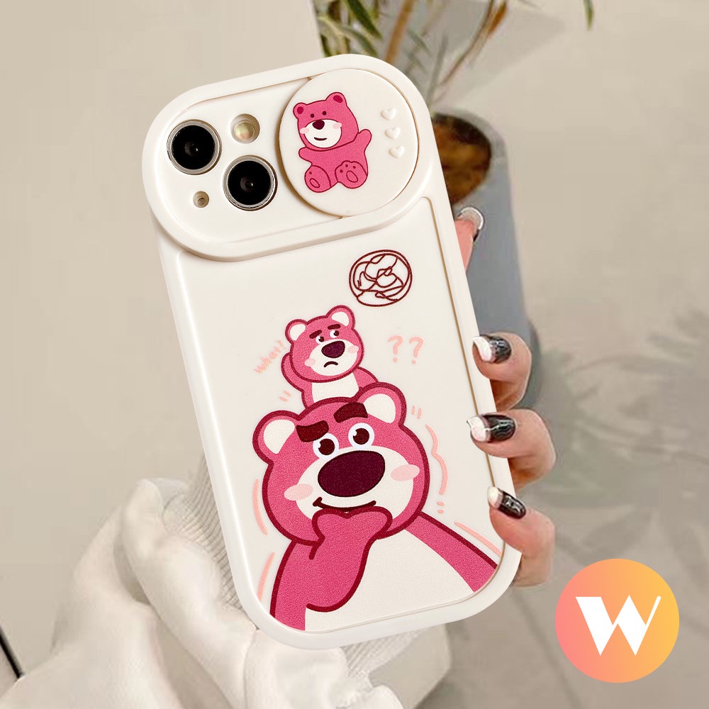 IPHONE Kartun Pasangan Case Kompatibel Untuk Iphone11 13 12 Pro Max 7Plus XR 6Plus X XS Max Cute Strawberry Bear Manyo Winnie the Pooh Pull Push Window Pelindung Kamera Soft Cover