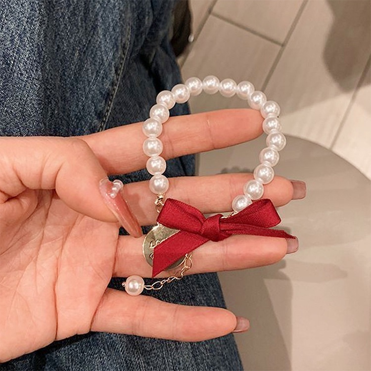 Versi Korea Fancy Bow Pearl Bracelet ins Influencer Gaya Keren Niche Design Bracelet Gelang Huruf Plat Bulat