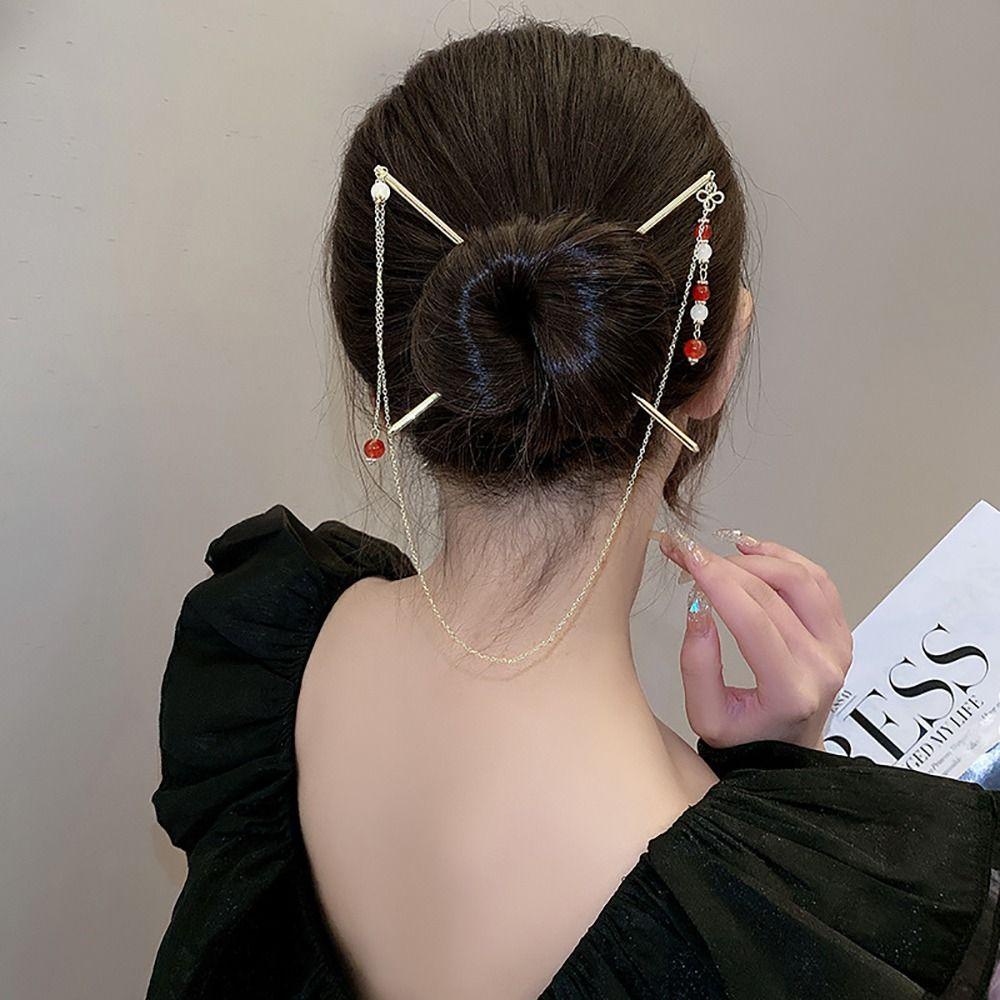 Needway Double Rumbai Rambut Tongkat Temperamen Hanfu Hiasan Kepala Vintage Bunga Hiasan Kepala Ponytail Holder Untuk Pria Mutiara Rambut Insert Rambut Garpu