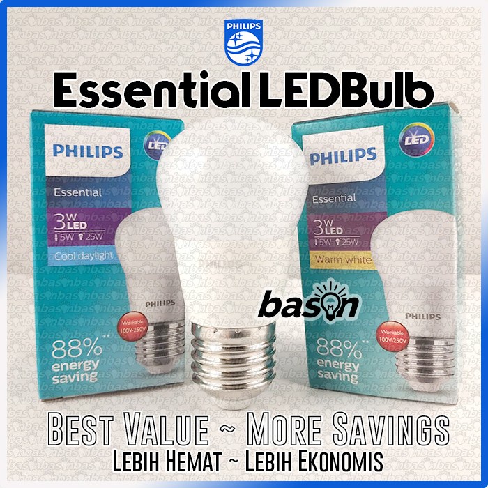 PHILIPS Essential LEDBulb 3W E27 P45 - Bohlam Lampu LED Bulb Ekonomis