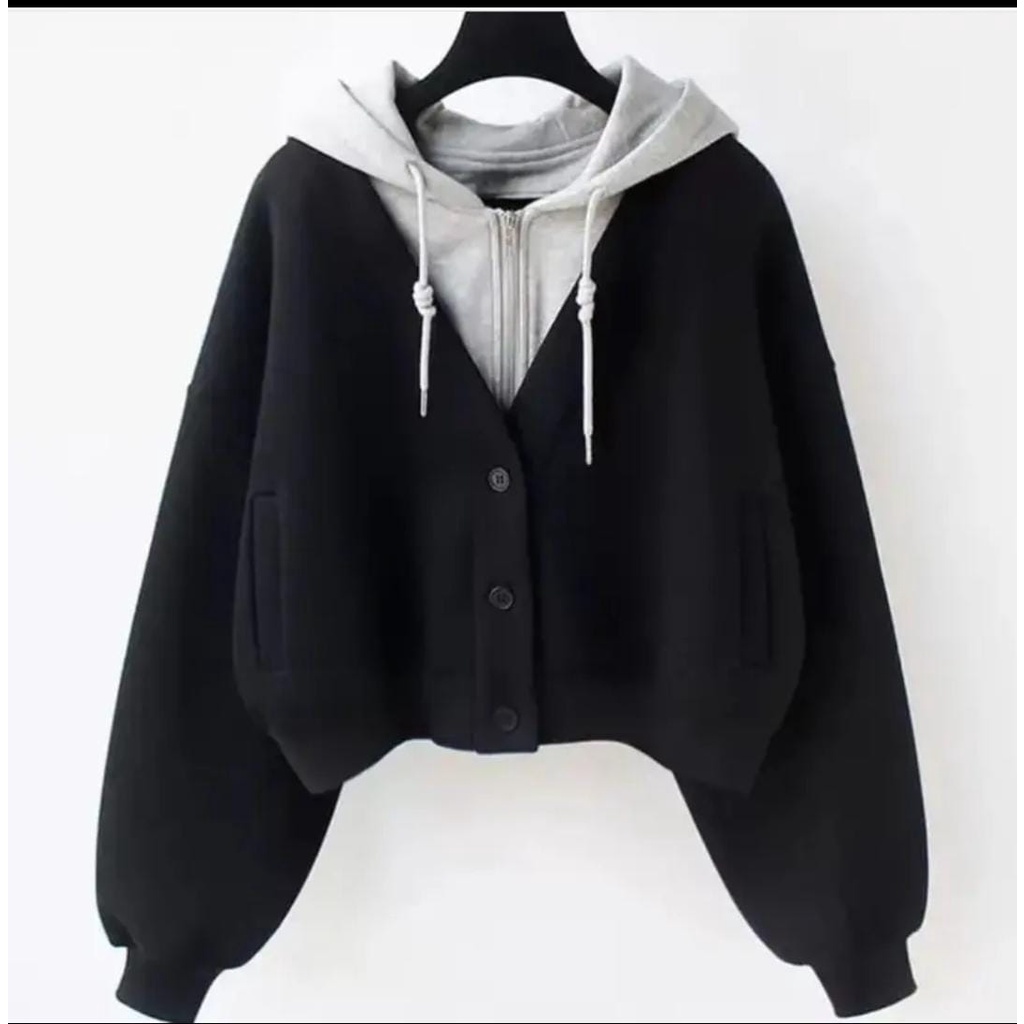 JAKET HOODIE WANITA KOREAN STYLE DOUBLE CARDIGAN OVERSIZE PREMIUM FLEECE TEBAL KEKINIAN TERBARU''