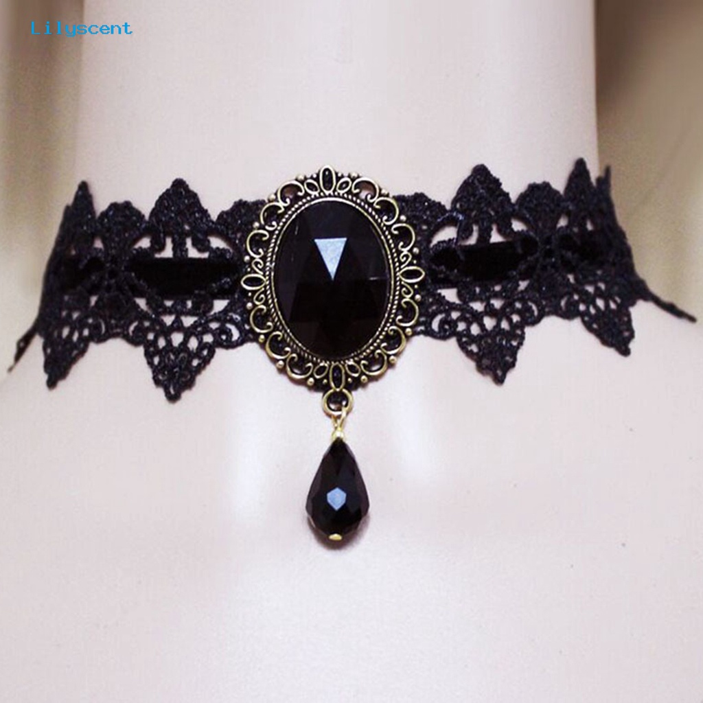 [LS] Wanita Choker Gothic Vintage Braided Aesthetic Dengan Faux Gemstone Dress Up Hadiah Wanita Punk Jahitan Renda Klavikula Kalung Perhiasan Trendi